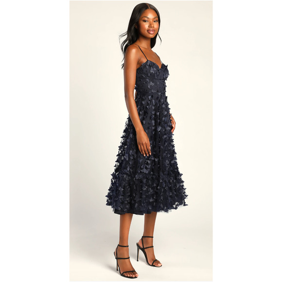 Lulus Time to Fly Navy Blue 3D Butterfly Lace-Up Midi Dress Size Small - Picture 11 of 14